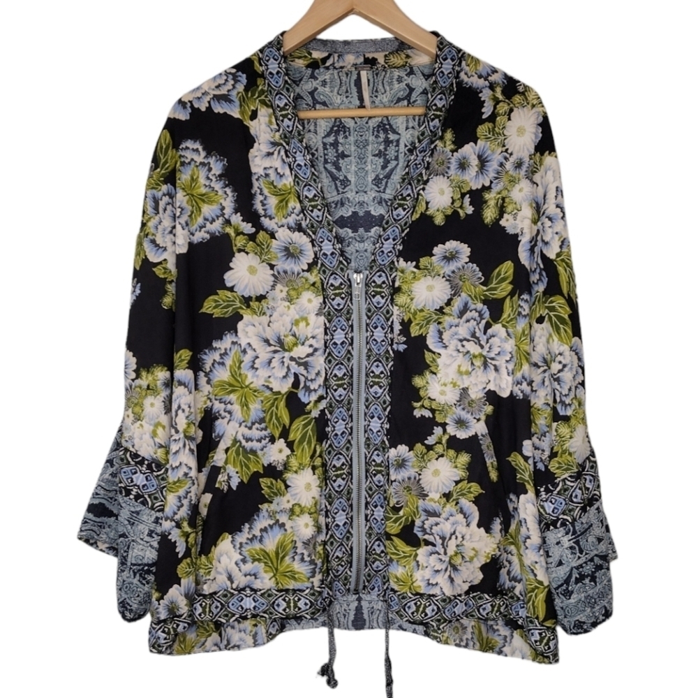Free People Women's Boho Cinched Wildflower Kimono Full Zip Blouse Sz XS/S